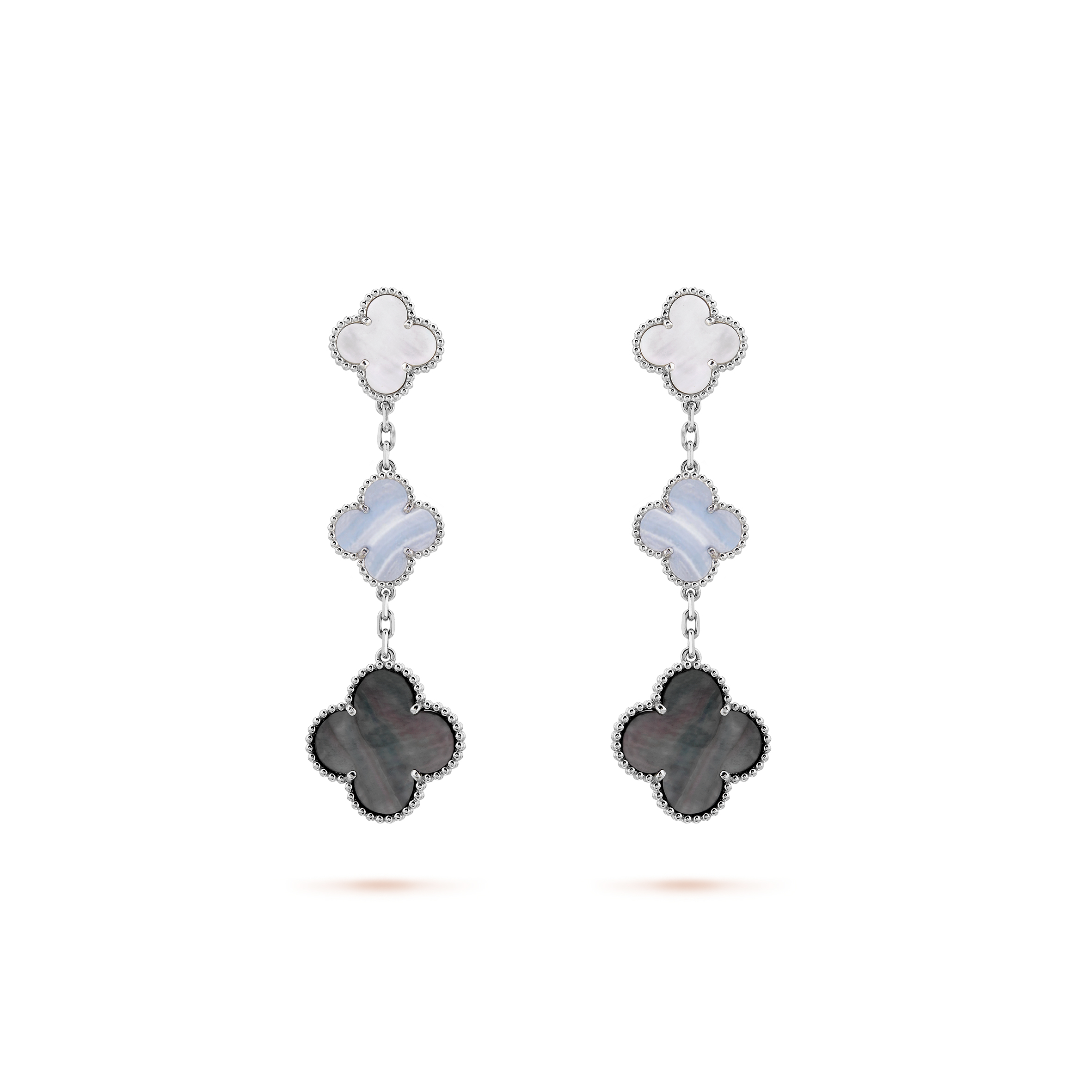 VAN CLEEF  ARPELS MAGIC ALHAMBRA EARRINGS, 3 MOTIFS - WHITE GOLD, CHALCEDONY, MOTHER-OF-PEARL  VCARN18800