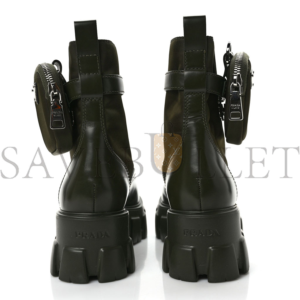 PRADA SPAZZOLATO ROIS RE-NYLON METAL TRIANGLE LOGO MONOLITH POUCH POCKET 55MM BOOTS 38 MILITARE