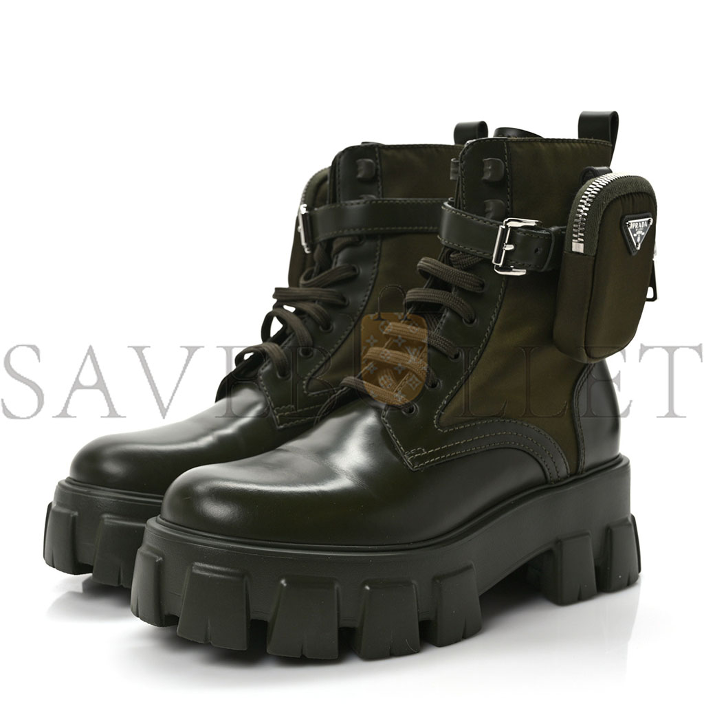 PRADA SPAZZOLATO ROIS RE-NYLON METAL TRIANGLE LOGO MONOLITH POUCH POCKET 55MM BOOTS 38 MILITARE