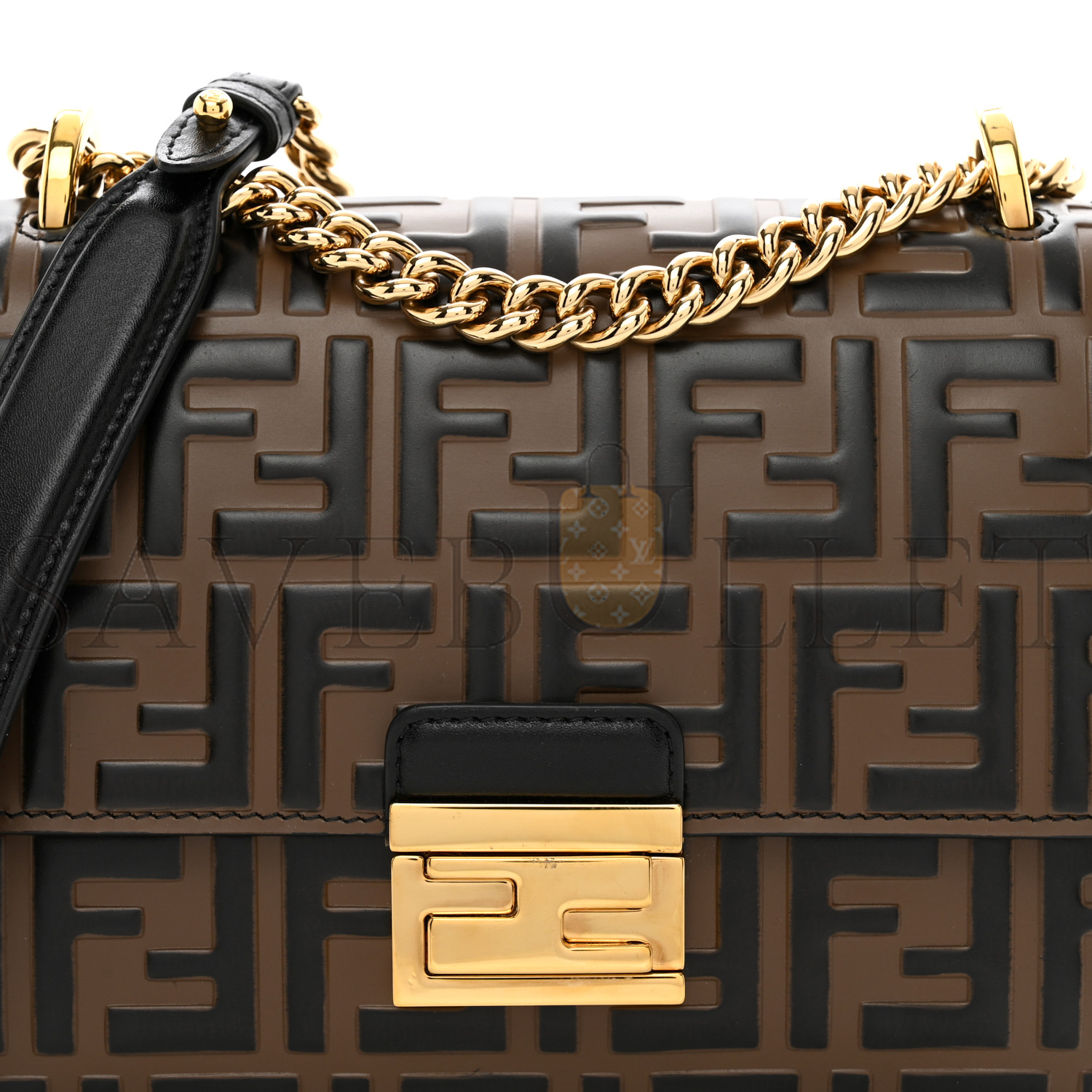 FENDI VITELLO LIBERTY BI-COLOR FF 1974 EMBOSSED SMALL KAN U SHOULDER BAG MAYA BLACK (19*15*9cm)