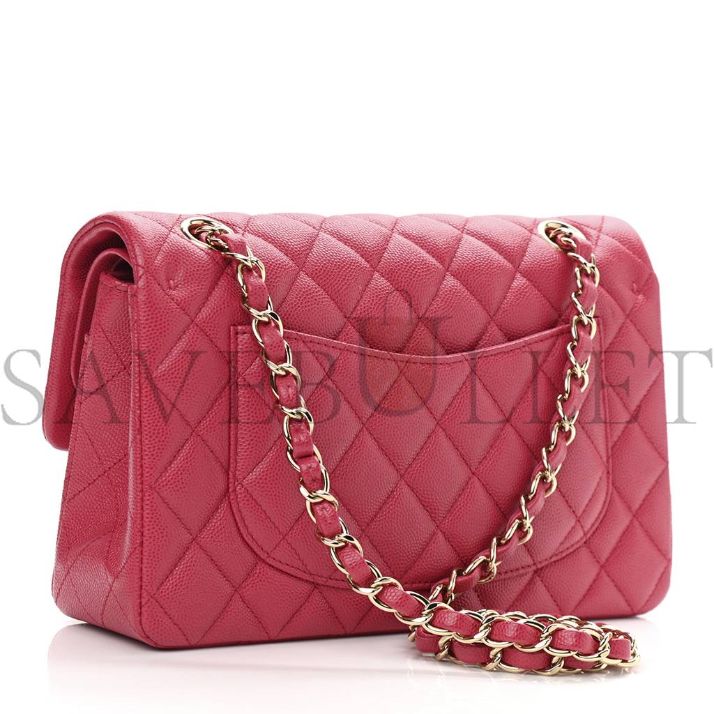 CHANEL CAVIAR QUILTED SMALL DOUBLE FLAP DARK PINK GOLD HARDWARE (23*13*6cm)