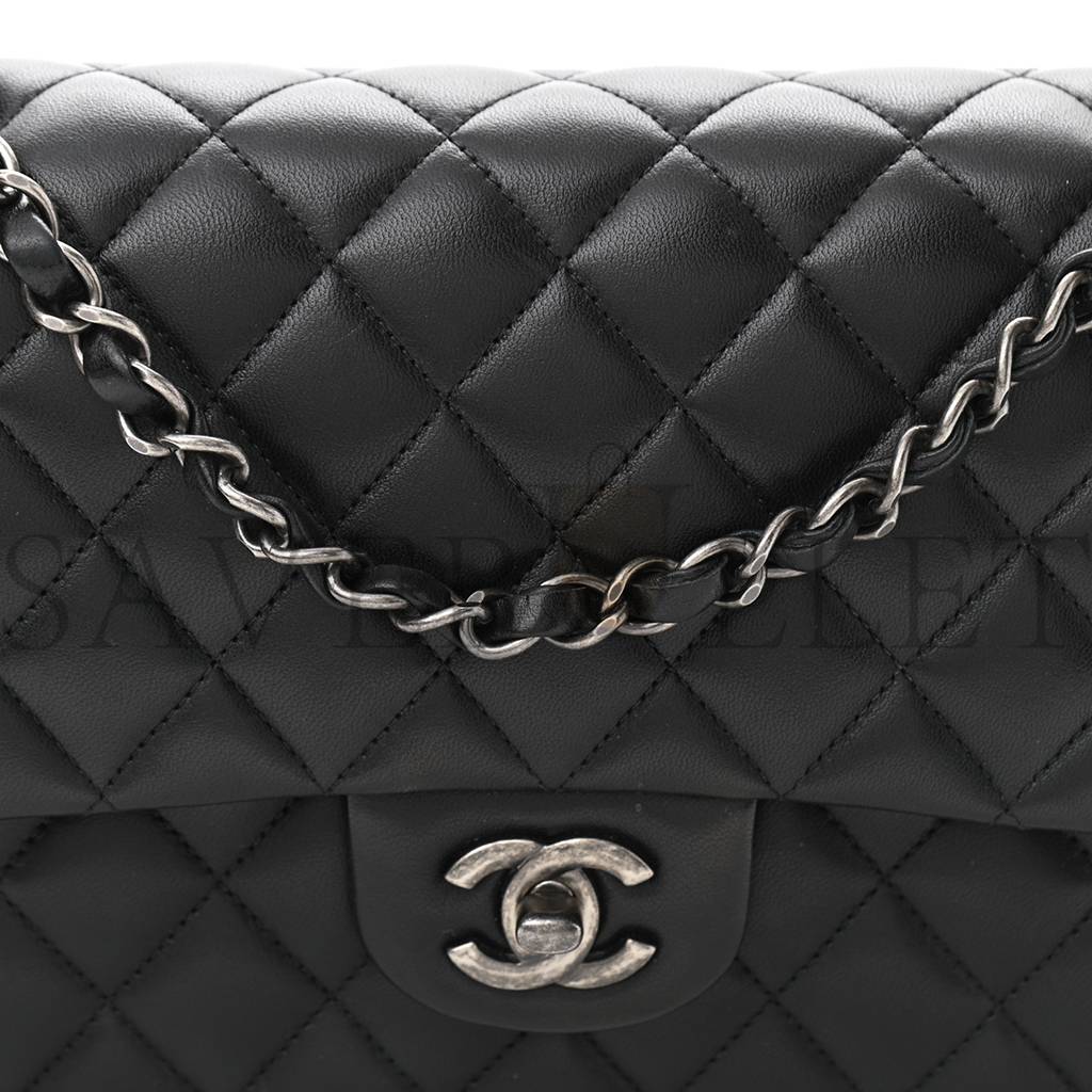 CHANEL LAMBSKIN QUILTED SMALL DOUBLE FLAP BLACK SILVER HARDWARE (25*15*6cm)