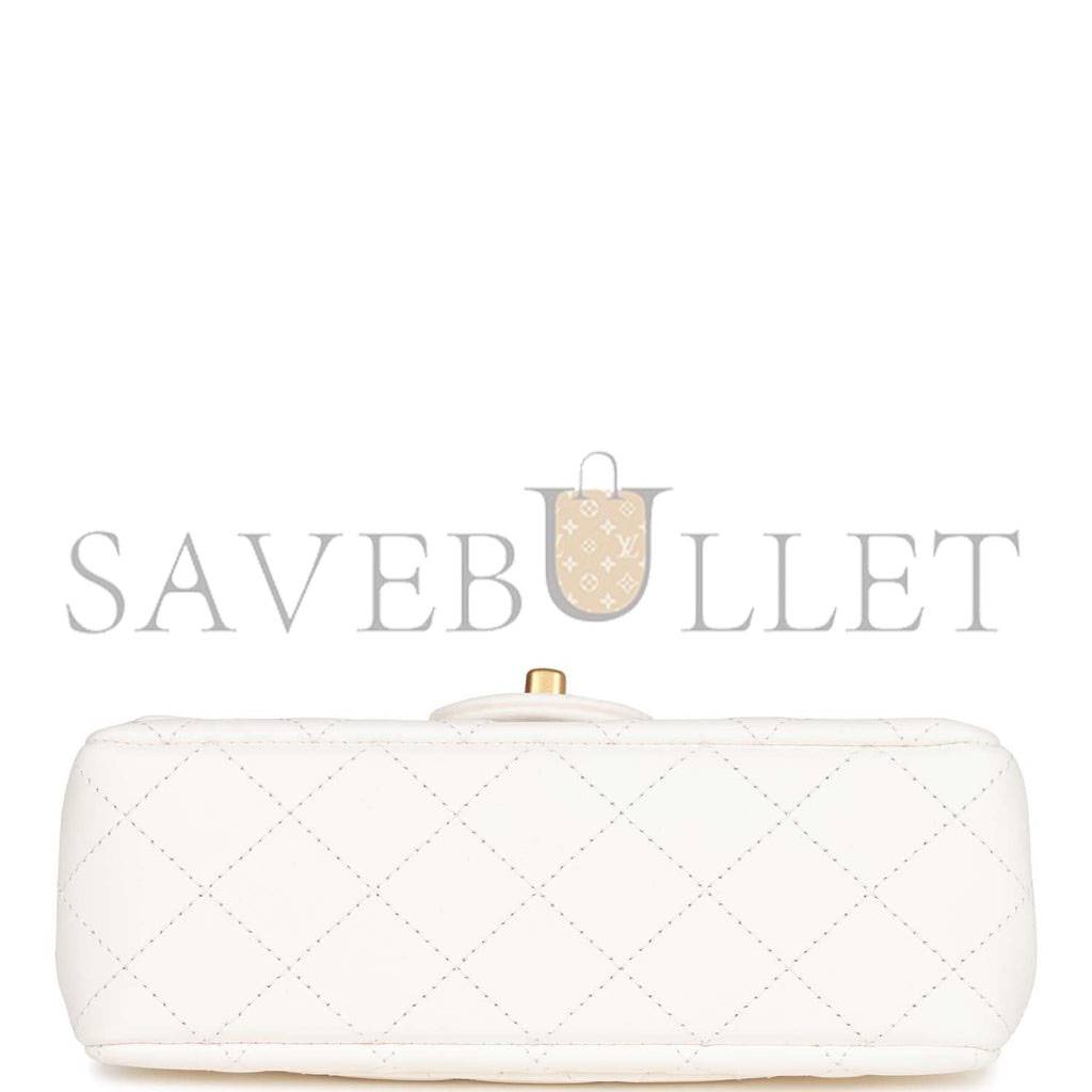 CHANEL PEARL CRUSH MINI RECTANGULAR FLAP BAG WHITE LAMBSKIN ANTIQUE GOLD HARDWARE (20*13*6cm)