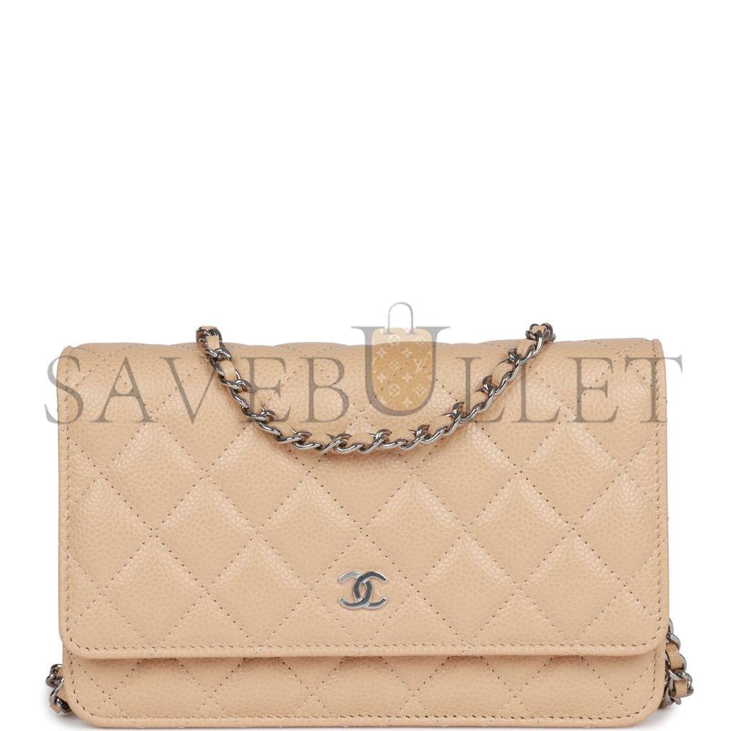 CHANEL WALLET ON CHAIN WOC BEIGE CAVIAR SILVER HARDWARE (19*12*4cm)