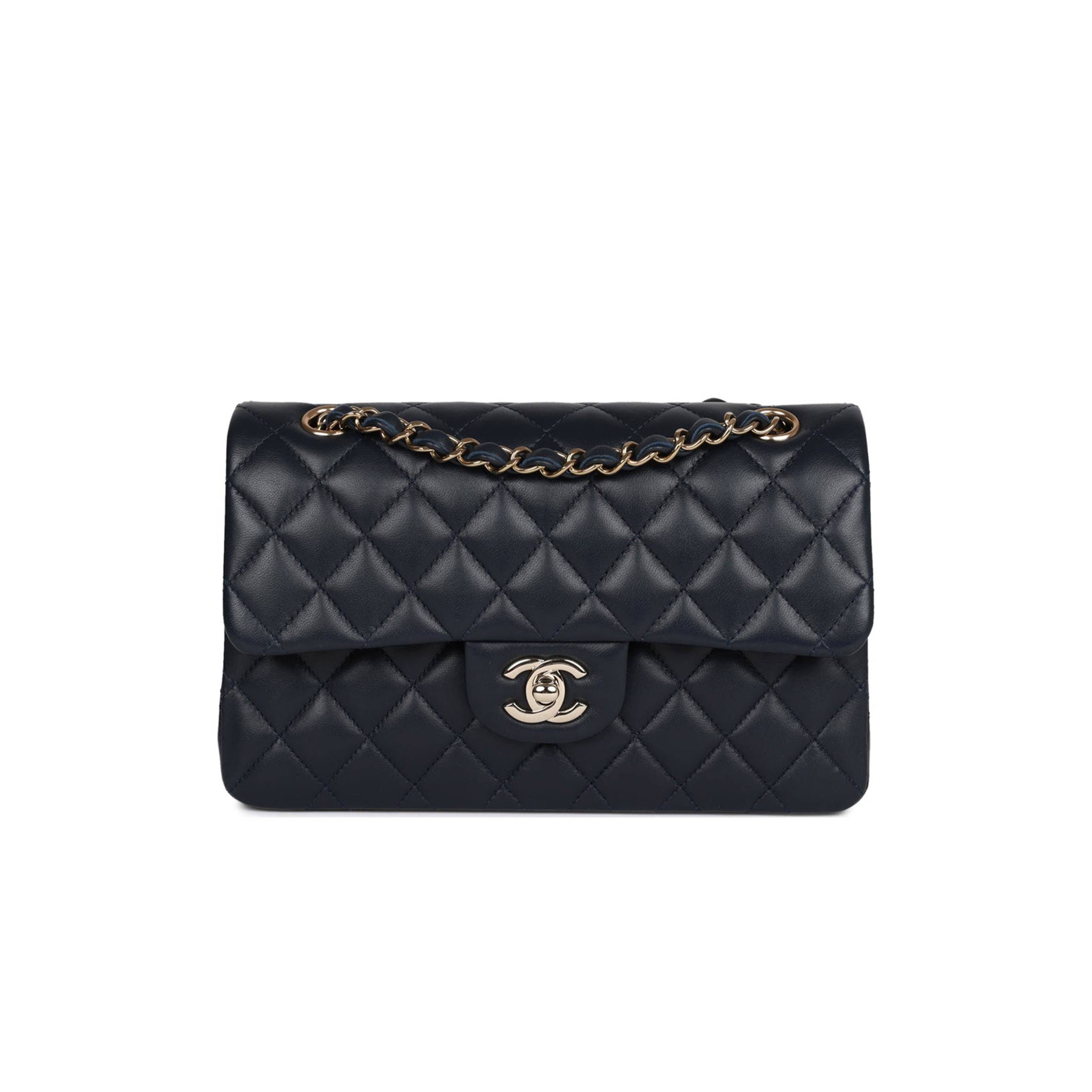 CHANEL SMALL CLASSIC DOUBLE FLAP NAVY LAMBSKIN LIGHT GOLD HARDWARE (23*13*6cm)