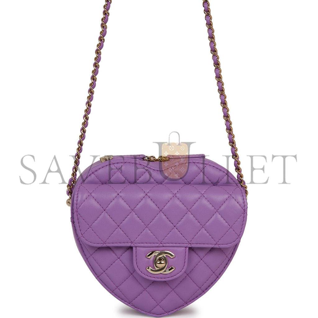 CHANEL CC IN LOVE LARGE HEART BAG PURPLE LAMBSKIN LIGHT GOLD HARDWARE (20*18*6cm)