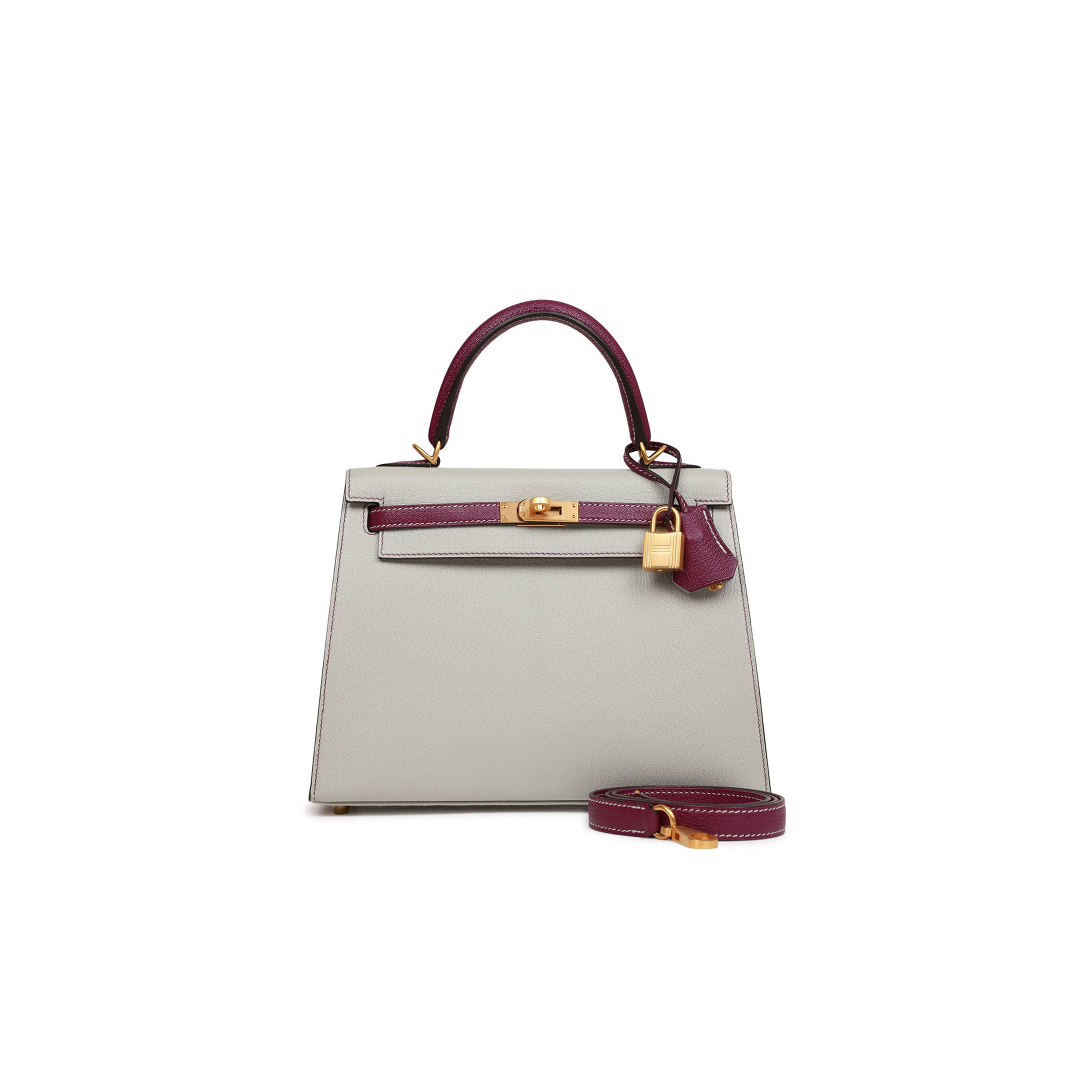 HERMES SPECIAL ORDER (HSS) KELLY SELLIER 25 GRIS PERLE AND ANEMONE CHEVRE BRUSHED GOLD HARDWARE HANDMADE(25*17*7cm)